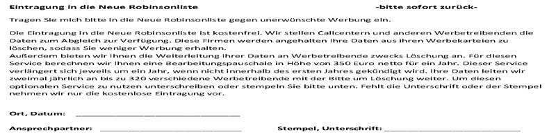 Fax von neue Robinsonliste ist Bauernfängerei